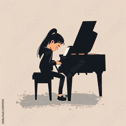 Asian girl playing the piano in a clip art style