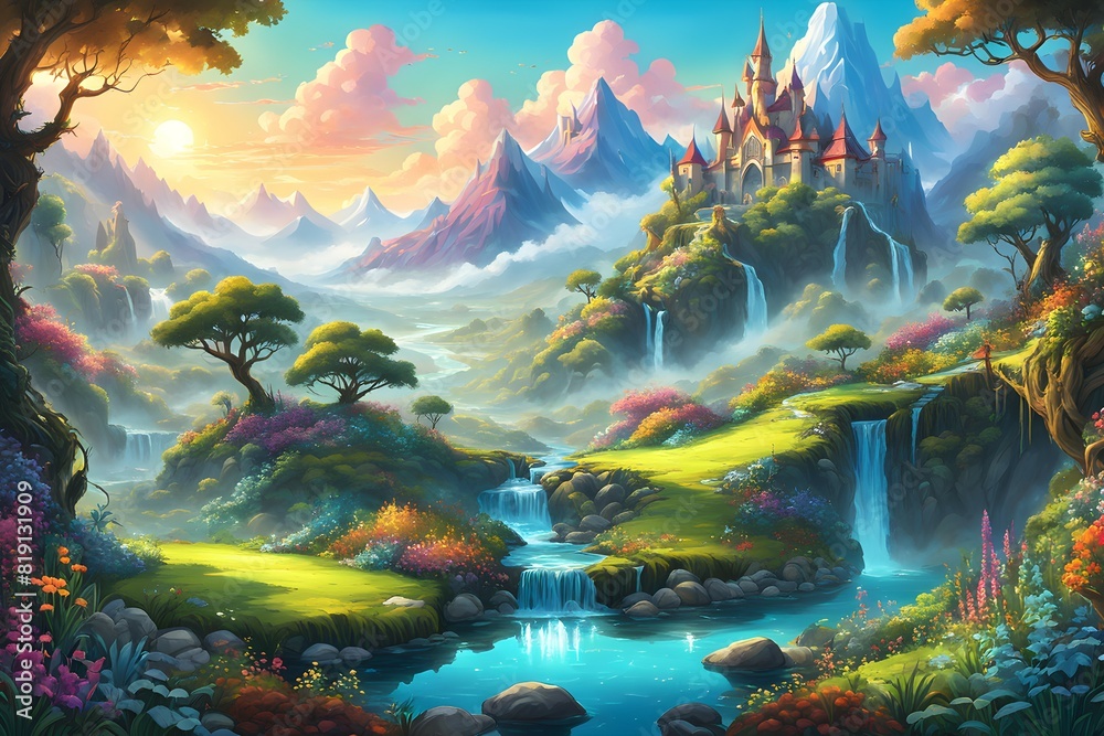 Fototapeta premium Fantasy landscape in cartoon style. Beautiful mountain and garden views. Suitable for wallpaper background