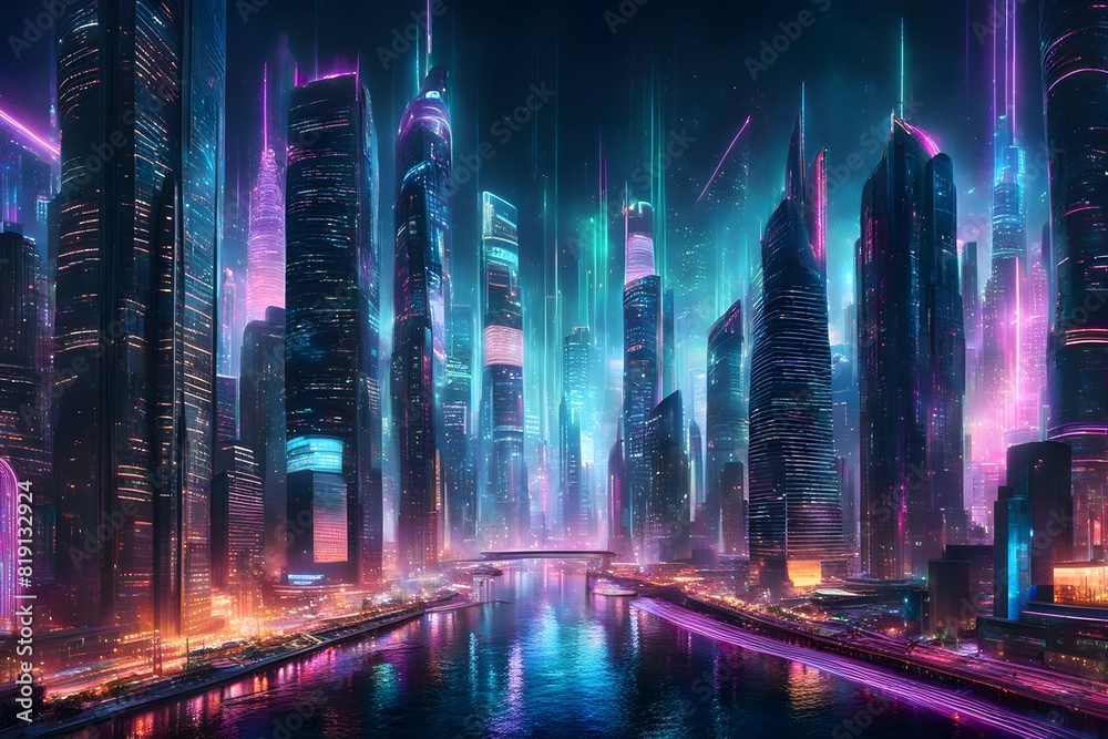 Cityscape with neon lights and tall buildings. Scene is futuristic and vibrant Cityscape with neon lights and tall buildings. Scene is futuristic and vibrant