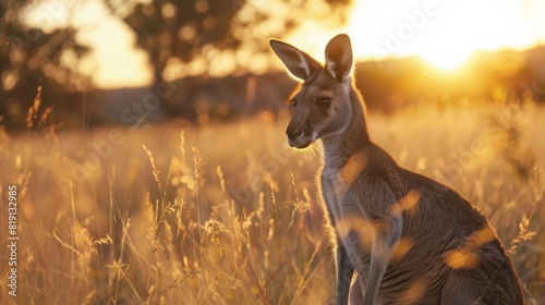 Kangaroo in open field during a sunset