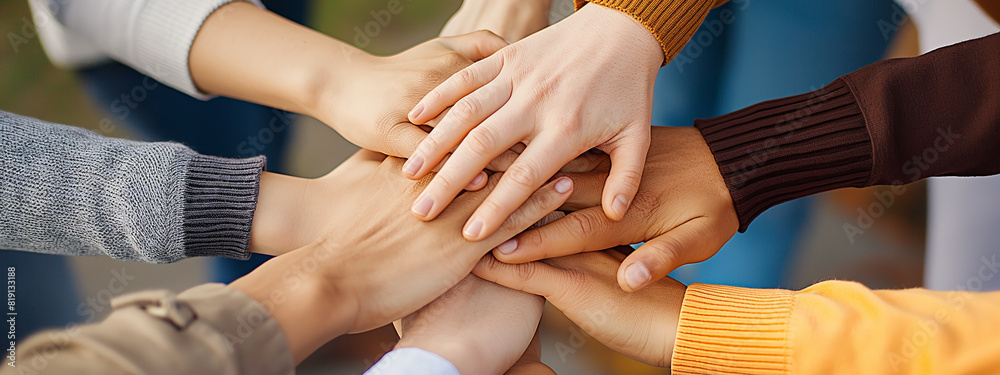 Fototapeta premium A circle of hands from office team members symbolizes unity, collaboration, teamwork, mutual support, and the collective strength of an office team.
