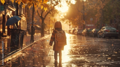 Kid walking back to school in city street  a rainy day in autumn at sunrise