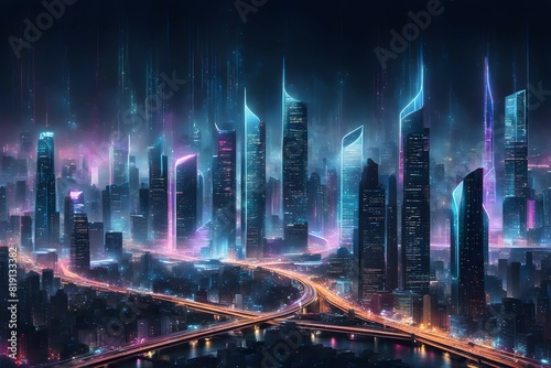 Cityscape with neon lights and tall buildings. Scene is futuristic and vibrant