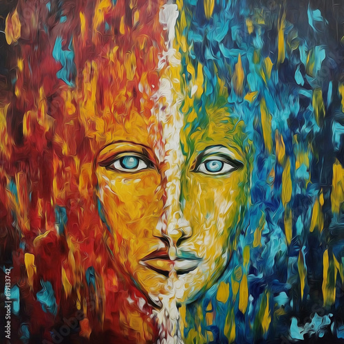 Painterly impressionistic abstract of duality consciousness, for motifs of exteriorization and embodiment