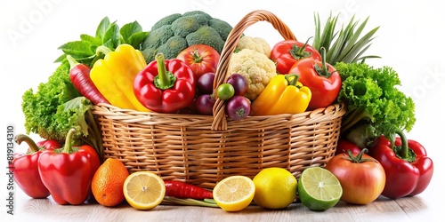 Fresh vegetables in basket isolated on white background. Healthy food concept.