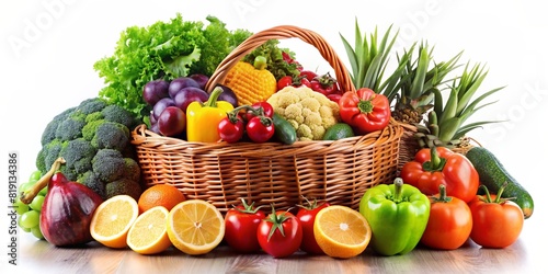 Fresh vegetables in basket isolated on white background. Healthy food concept.