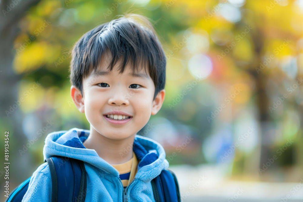 Happy Asian Boy with Backpack Outside Ready for Back to School or Hiking Adventure Happy Asian Boy with Backpack Outside Ready for Back to School or Hiking Adventure