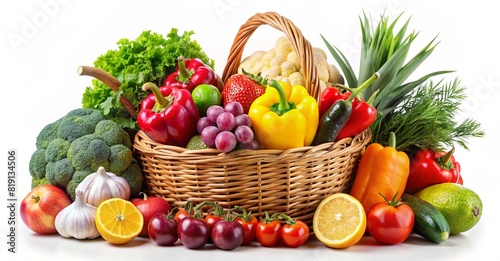 Fresh vegetables in basket isolated on white background. Healthy food concept.