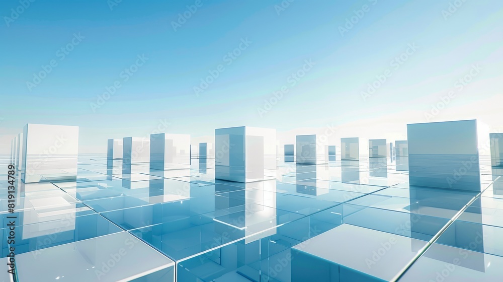 Fototapeta premium A surreal 3D rendering of a futuristic city with reflective glass cubes under a clear blue sky.
