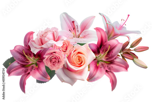 A beautiful bouquet featuring pink lilies and roses  perfect for adding elegance and color to any setting.