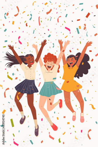 Ecstatic Multiethnic Schoolgirls Celebrating First Place Victory, Jumping with Joy