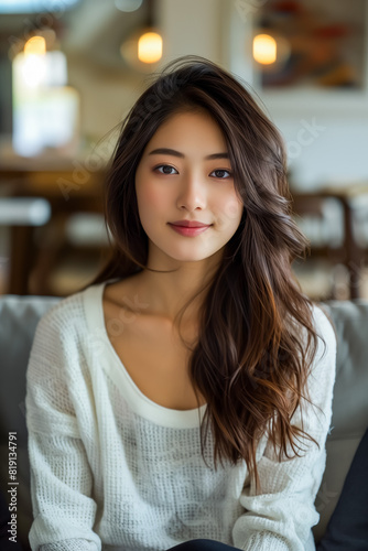 Young asian woman sitting on sofa, long brown hair