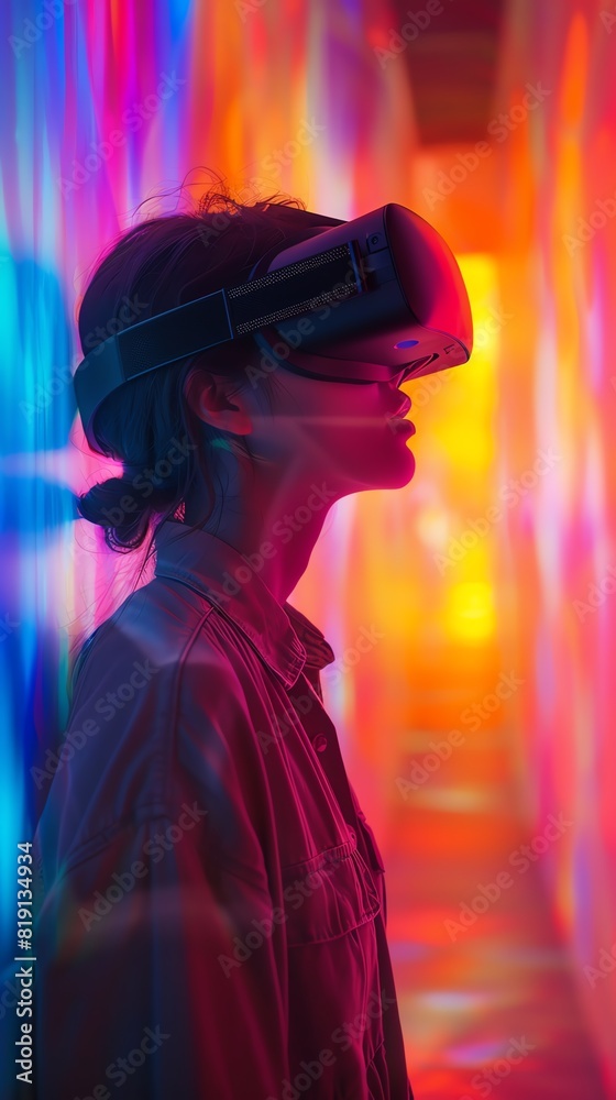 Virtual reality experience theme side view showing immersive VR environments digital tone Tetradic color scheme Virtual reality experience theme side view showing immersive VR environments digital tone Tetradic color scheme