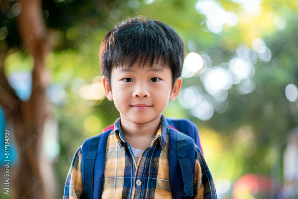 Happy Asian Boy with Backpack Outside Ready for Back to School or Hiking Adventure