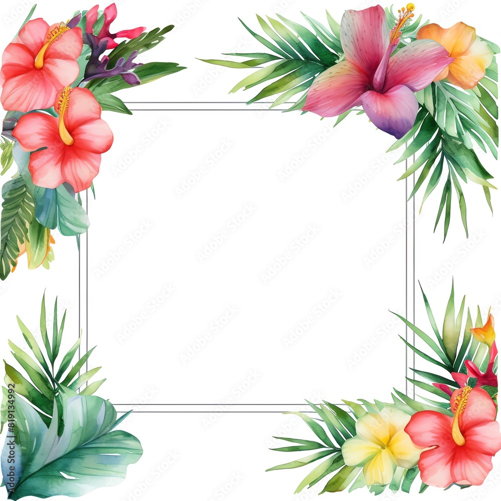 A tropical wedding frame with bright tropical flowers and leaves, watercolor style, blank center space. A tropical wedding frame with bright tropical flowers and leaves, watercolor style, blank center space.