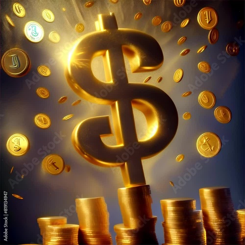 A striking image of a large golden dollar sign surrounded by exploding coins, emitting a bright, glowing light, evoking themes of wealth and prosperity.. AI Generation