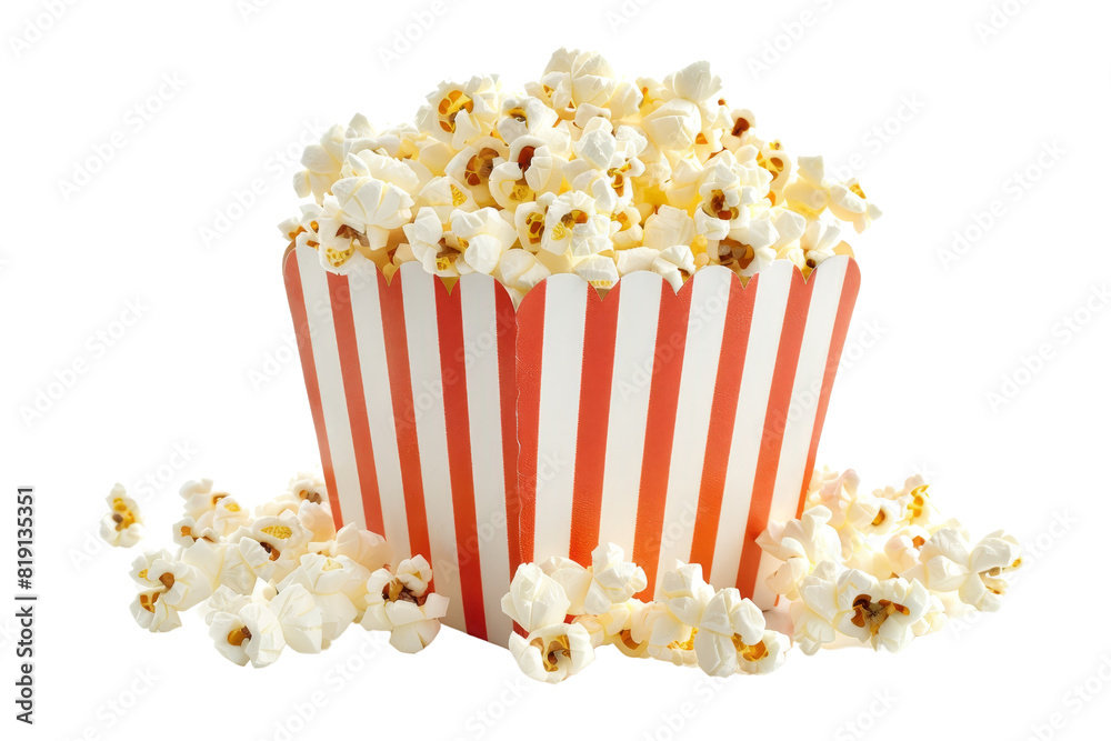 A red and white striped bucket filled with popcorn, with some popcorn scattered around it. Perfect for movie night or snack time.