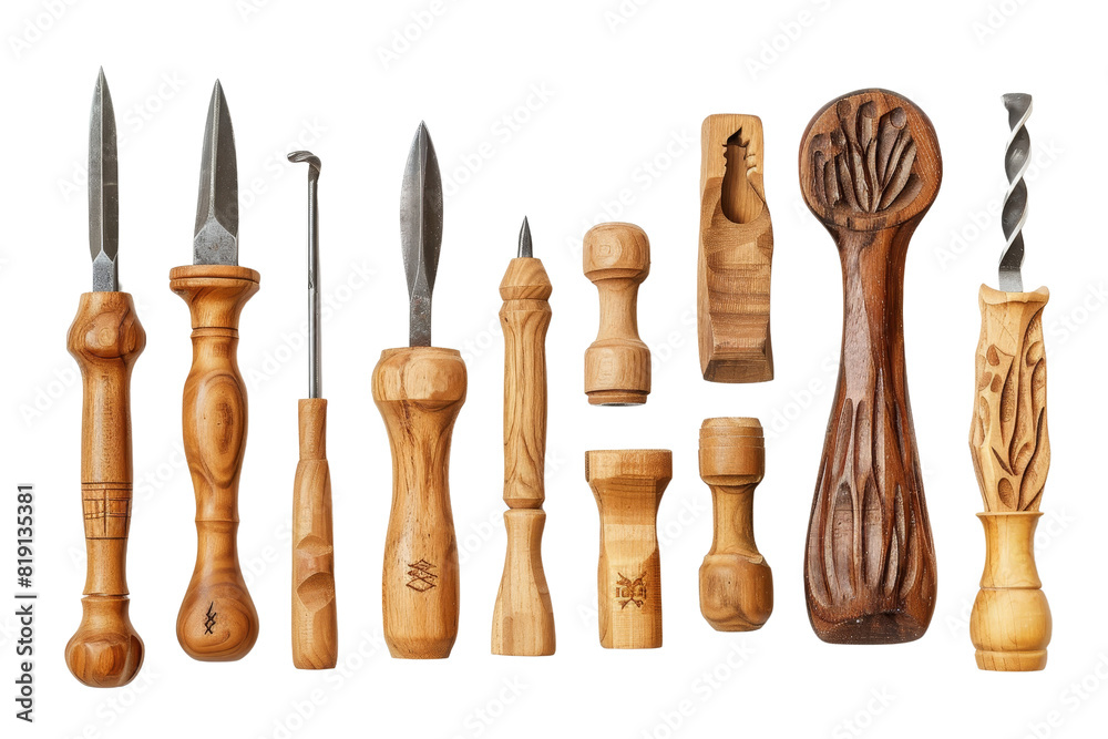 A set of handcrafted wooden carving tools displayed side by side, perfect for woodworking and detailed craftsmanship projects. A set of handcrafted wooden carving tools displayed side by side, perfect for woodworking and detailed craftsmanship projects.