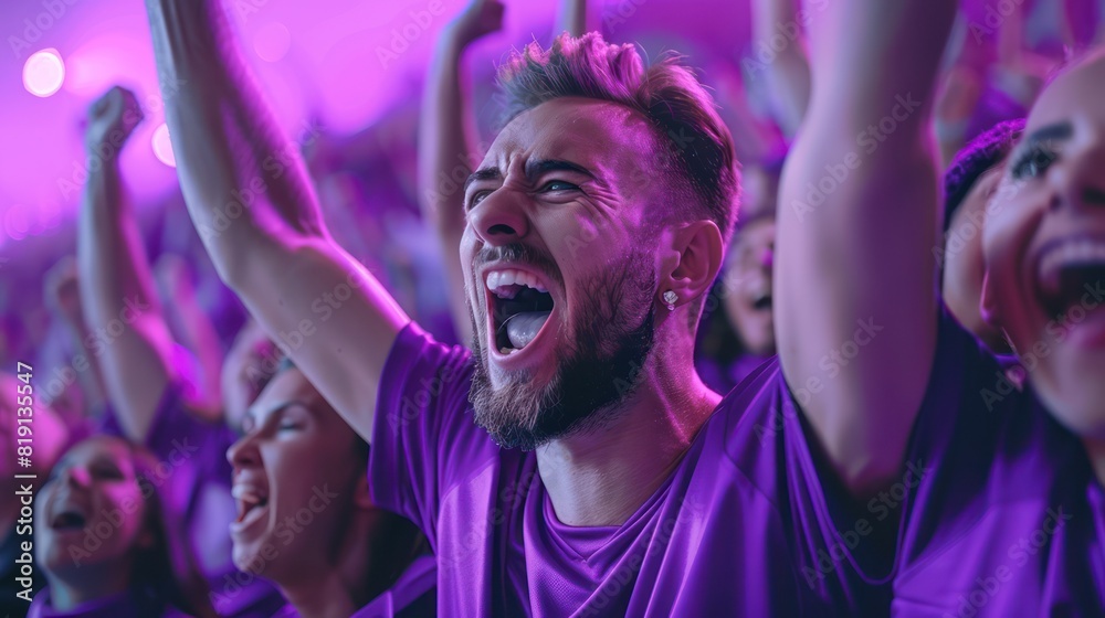 Purple sports fans scream as they support their team from the field. Purple sports fans scream as they support their team from the field.