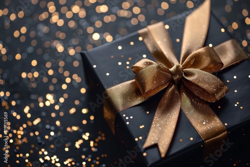 Present box with gold ribbon against a black backdrop. Generative Ai