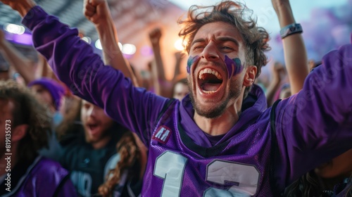 Purple sports fans scream as they support their team from the field.