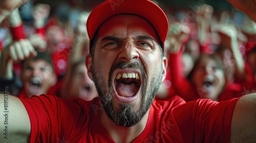 Fototapeta Naklejka Na Ścianę i Meble -  Red sports fans scream as they support their team from the field.