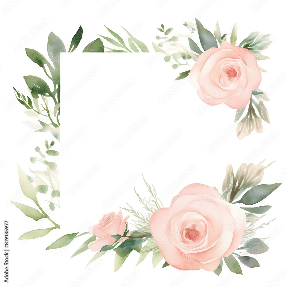 A watercolor floral wedding frame with blush pink roses and greenery, featuring a blank copy space in the middle, no text. 