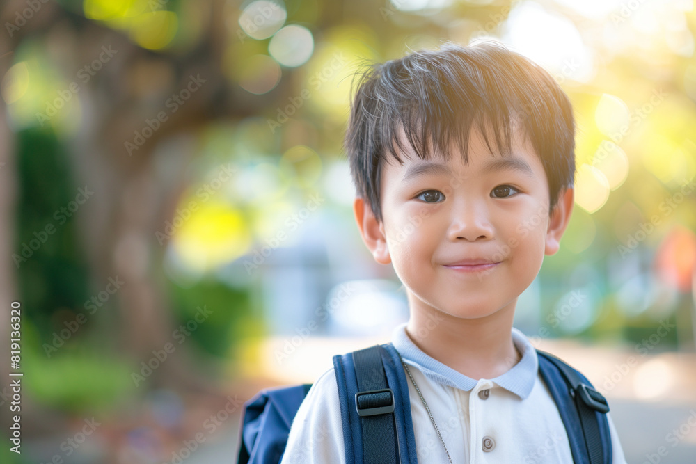 Happy Asian Boy with Backpack Outside Ready for Back to School or Hiking Adventure Happy Asian Boy with Backpack Outside Ready for Back to School or Hiking Adventure