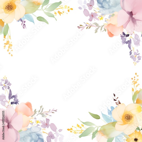 A whimsical wedding frame with pastel-colored flowers and greenery  watercolor style  blank center area.