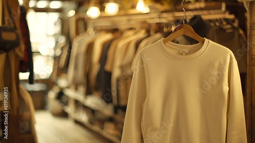 . A cozy boutique clothing store interior with a focus on a plain cream-colored sweatshirt hanging on a wooden hanger