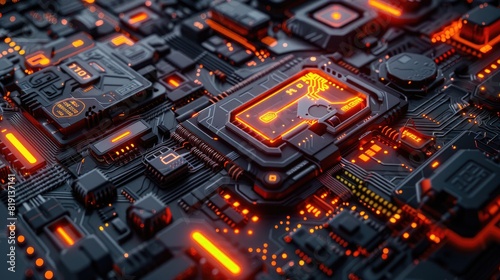 Circuit board with glowing orange highlights AIG51A. photo