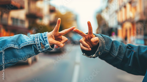 Hands of two people making the V-sign with their fingers