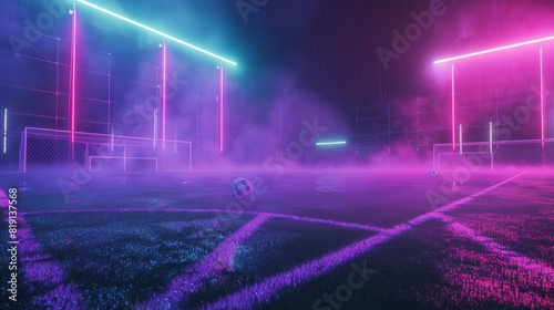 A textured soccer field including neon fog in the middle of midfield, space, Generative AI.