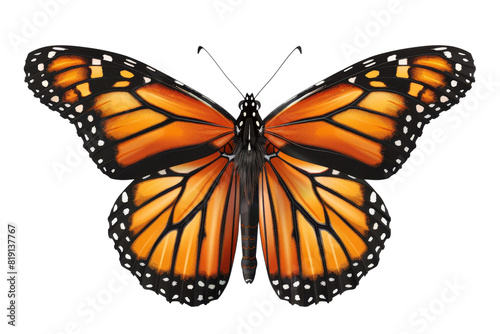 Close-up of a vibrant Monarch butterfly with detailed orange and black wings, isolated against a transparent background.