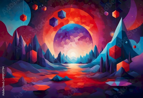 Radiant gateway or portal amidst an otherworldly landscape, with vibrant colors and intricate patterns.with blue, red, and purple hues creating a surreal atmosphere. Generative AI.