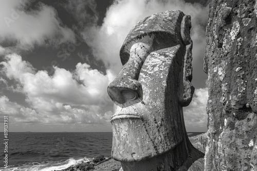 Humanity Heritage Day, Heads on Easter Island, pagan totems Black white picture Ancient architecture, wonders of the world, national landmark, culture, architecture photo