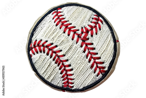 Closeup of detailed baseball patch with red stitching on a transparent background. perfect for embroidery, crafts, or decorating sports items.