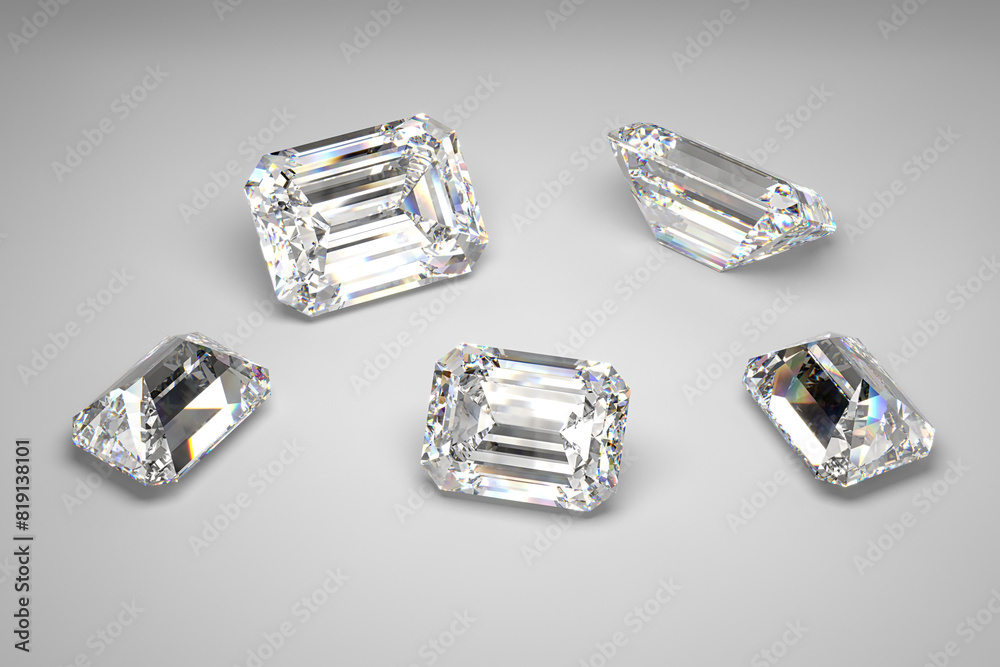 Scattering of diamonds of different sizes on the white background. Exhibition of precious stones. Emerald cut. 3d rendering. Scattering of diamonds of different sizes on the white background. Exhibition of precious stones. Emerald cut. 3d rendering.