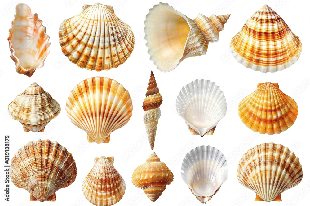 Collection of various seashells with intricate patterns and colors, perfect for artwork, decoration, or natural history studies. Collection of various seashells with intricate patterns and colors, perfect for artwork, decoration, or natural history studies.