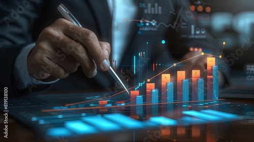 Businessman analyzing financial performance and profitability growth trends from 2023 to 2024. Concept of 2024 business financial plan, market strategies, and revenue increase.