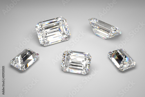 Scattering of diamonds of different sizes on the white background. Exhibition of precious stones. Emerald cut. 3d rendering.