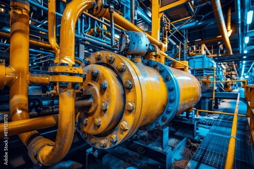 An image showcasing large industrial machinery with yellow and blue color tones, highlighting a mechanical system in a factory setting.