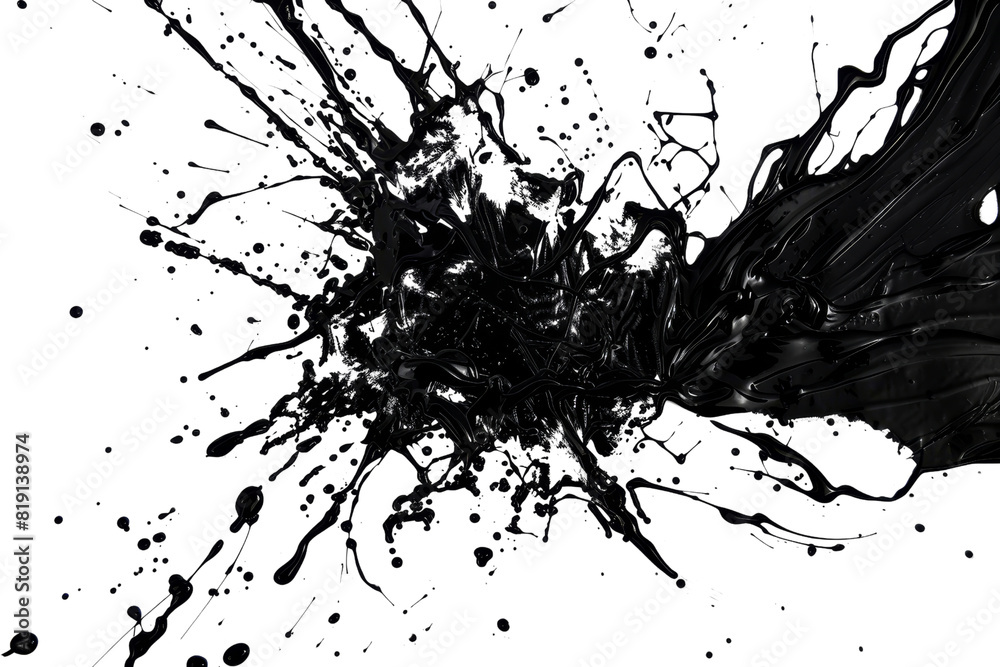 Naklejka premium Dynamic black paint splash on dark background, capturing movement and energy. Ideal for abstract art projects and creative designs.