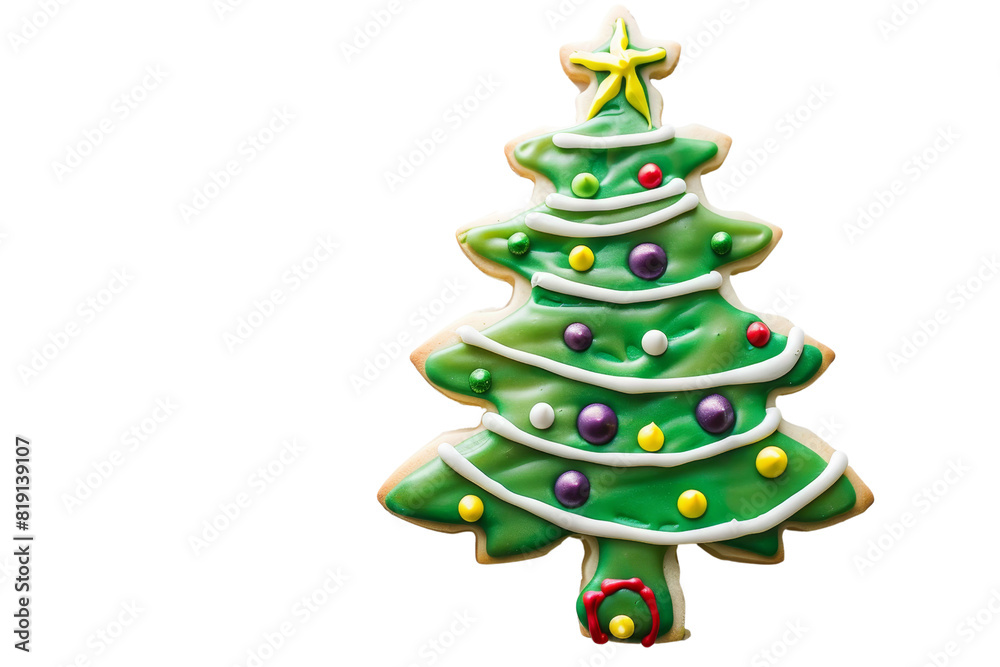 Festive Christmas tree cookie with green icing and colorful decorations, perfect for holiday celebrations and seasonal treats. Festive Christmas tree cookie with green icing and colorful decorations, perfect for holiday celebrations and seasonal treats.