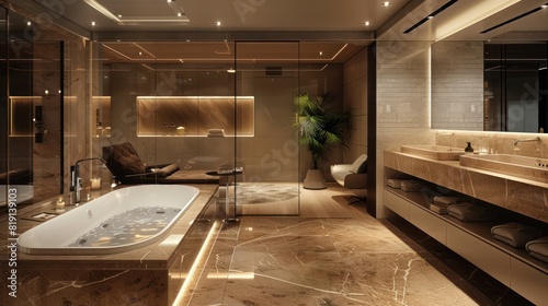 The bathroom has a modern style bathtub.