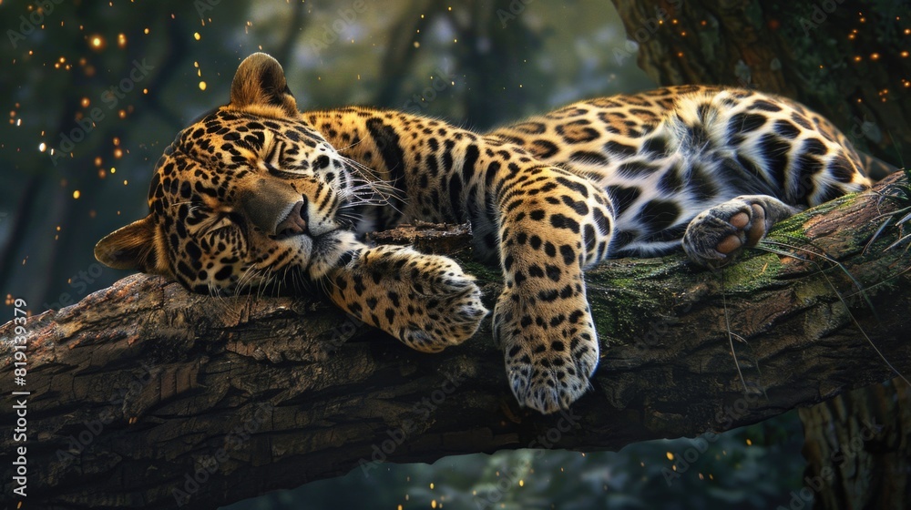 Obraz premium Leopard rest on a tree. A predatory jaguar on a tree