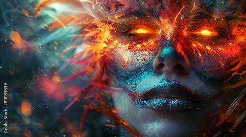 Surreal digital art of a mystical woman with glowing eyes and fiery elements  blending vibrant colors and abstract patterns.