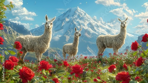 Three white llamas in a field with a volcano photo