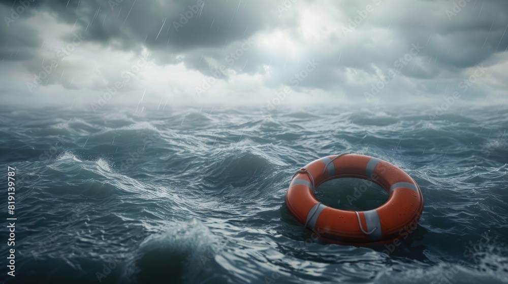 Lifebuoy floating on sea in storm weather.