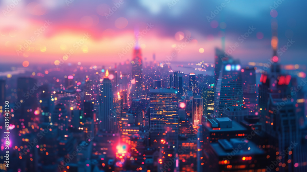 As twilight descends upon the cityscape, soft-focus lights cascade a dreamy glow over the skyline